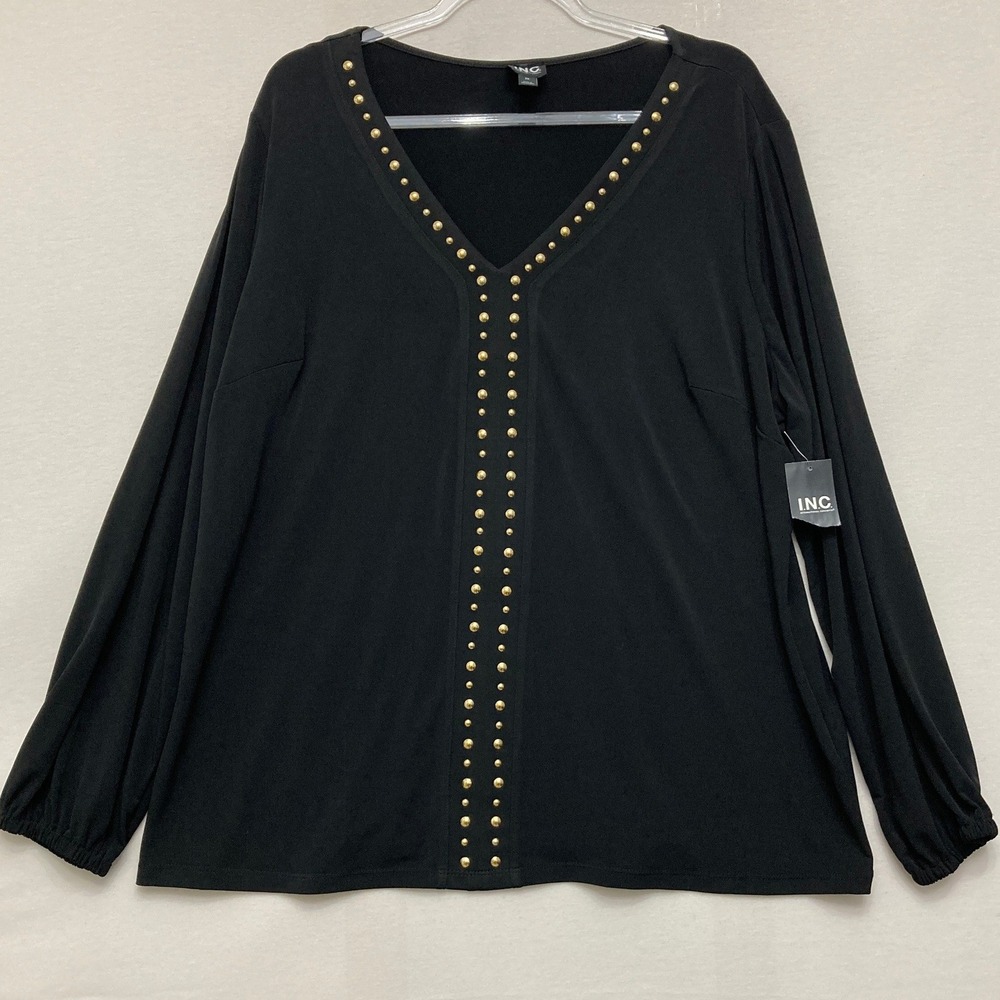NWT INC International Concepts Blouse Size 2X Black Gold Studded V-Neck Stretch